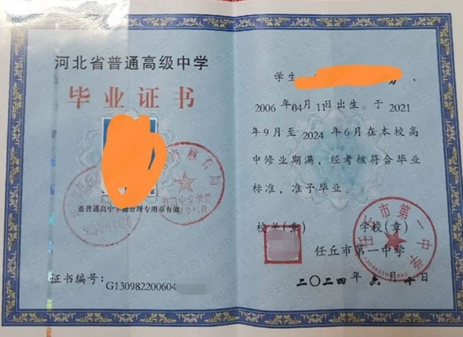 湖北任丘市第一中学高中毕业证样本图片